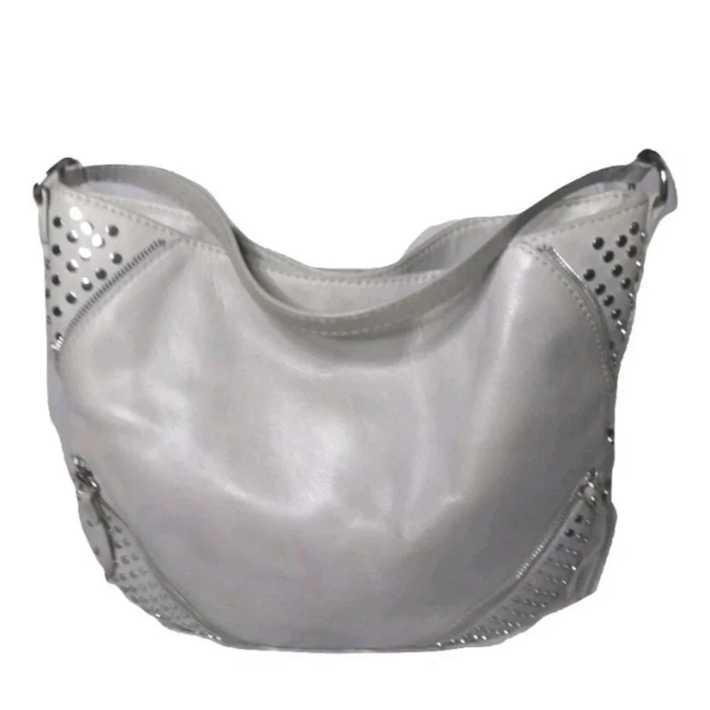 She+Lo  Leather Hobo Shoulder Bag  Studs Tassel Boho Bag Gray Taupe Retail $280